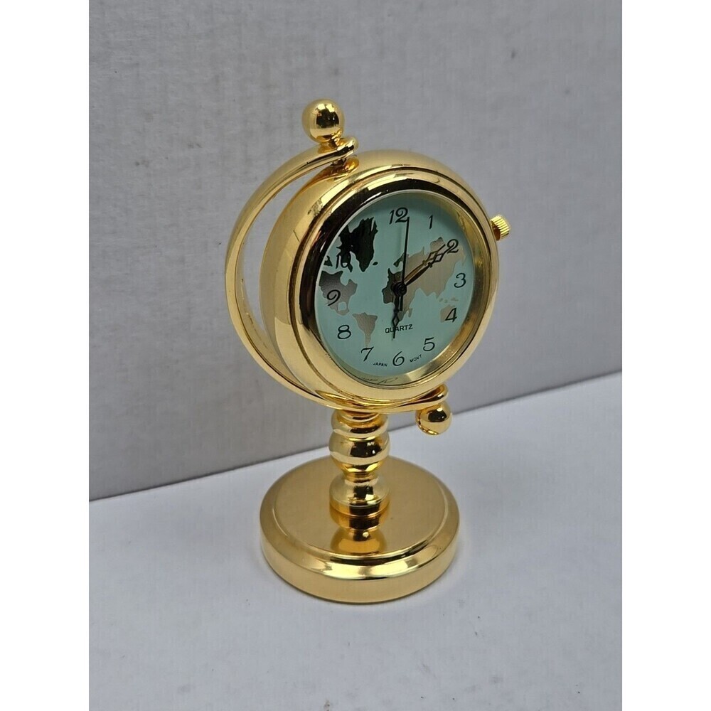 Miniature Gold World Map Desk Clock Quartz Japan Movt New Battery Working Gimbal - Picture 3 of 8